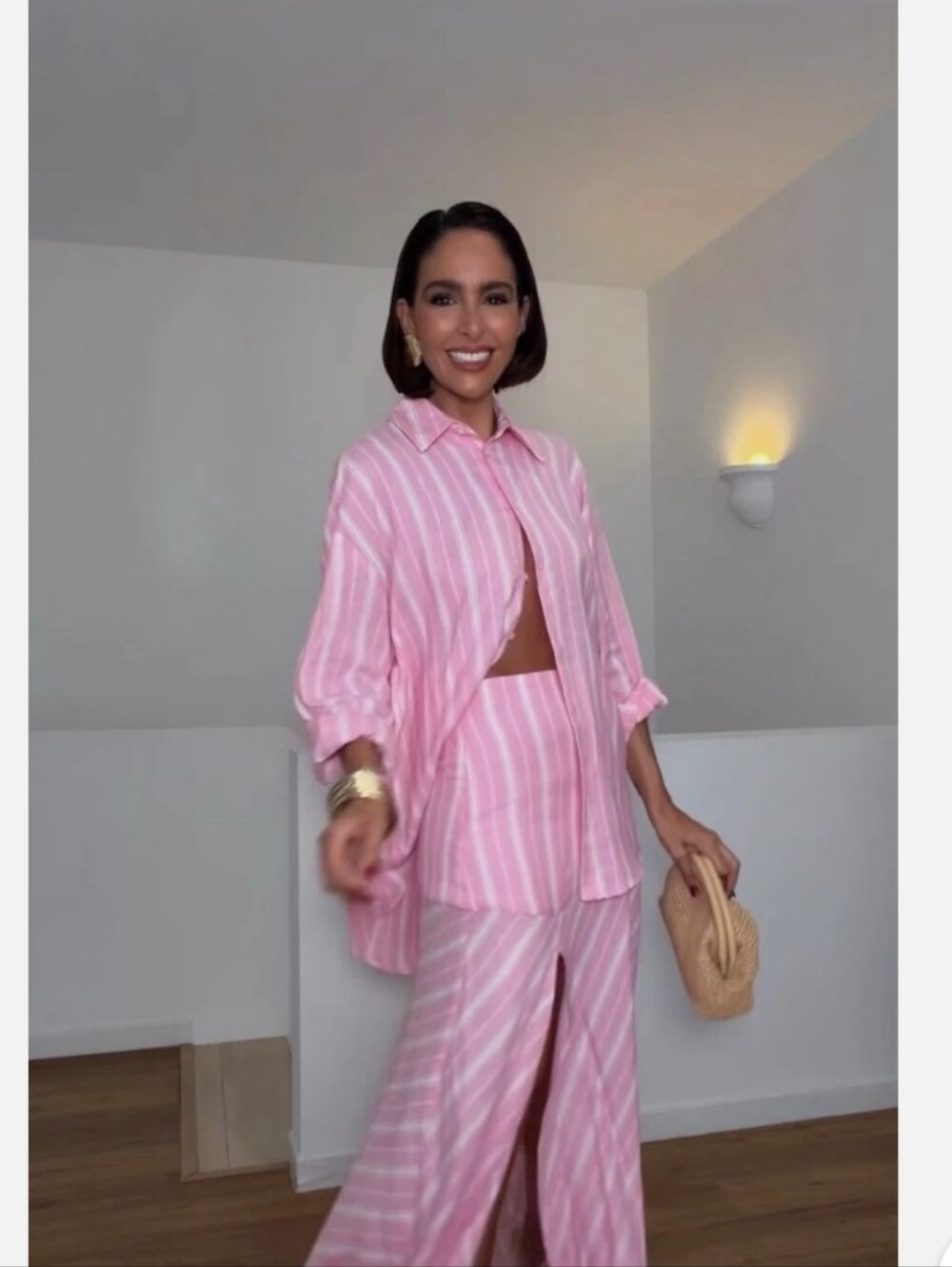 Zara Pink & White Striped Linen Midi Shirt and Skirt Set